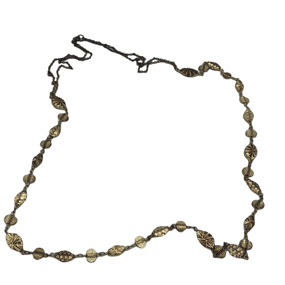 Jewelry - Long Statement Necklace Gold Tone Embossed Round Flat Metal Beads
